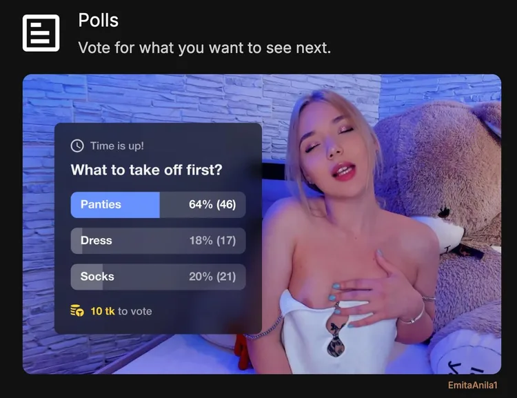 Stripchat Polls feature showing What to take off first voting Panties 64% Dress 18% Socks 20% at 10 tokens per vote