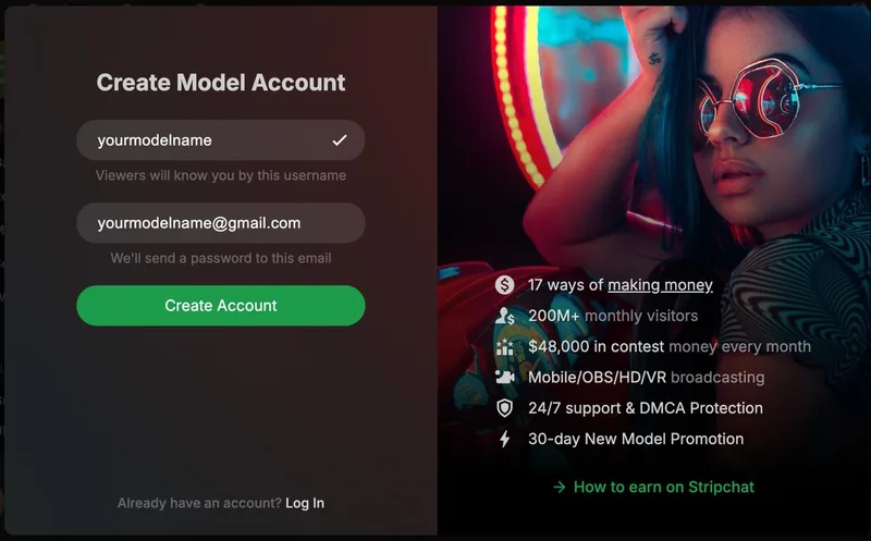 Stripchat model registration Step 1 Create Free Account button