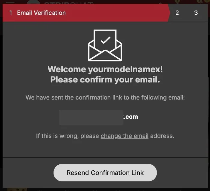 Stripchat model Step 2 Email confirmation page