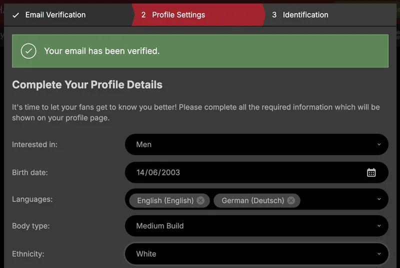 Stripchat model profile required fields Interested in Birth date Languages Body type Ethnicity