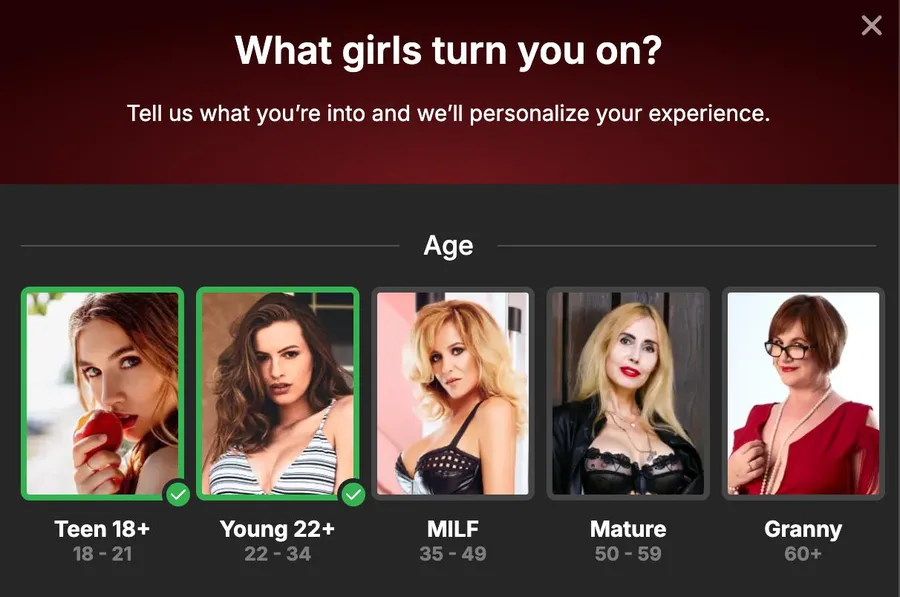 Stripchat age preference selection showing Teen 18+ Young 22+ MILF Mature Granny with multiple selection