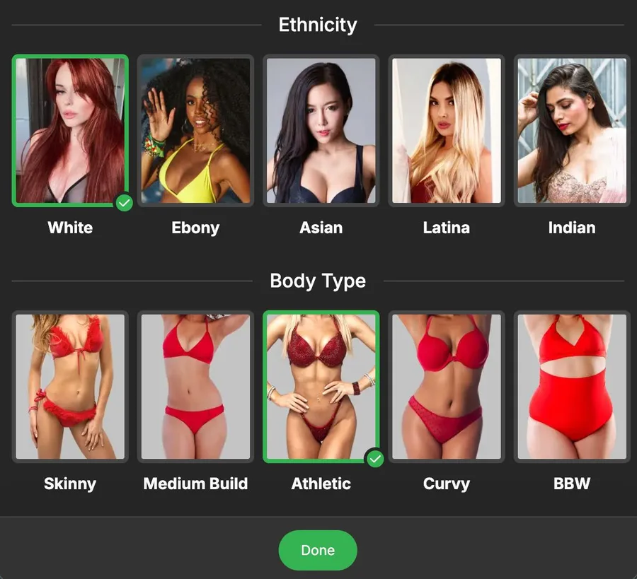 Stripchat ethnicity and body type selection with Done button — White Ebony Asian Latina Indian and Skinny Athletic Curvy BBW