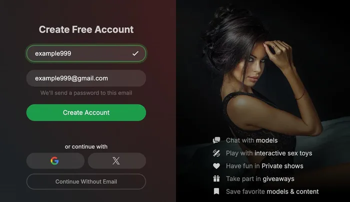 Stripchat Create Free Account registration form showing username email and Create Account button