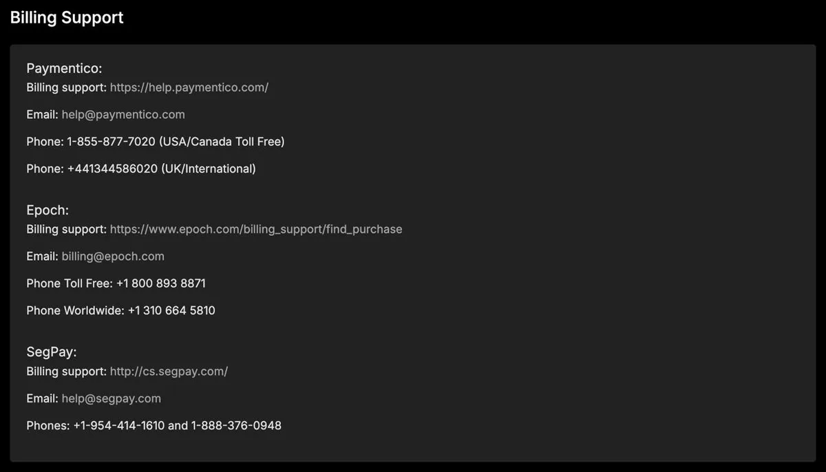 Stripchat billing support contacts Paymentico Epoch SegPay