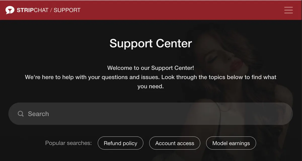 Stripchat Support Center main page with search bar and popular help topics