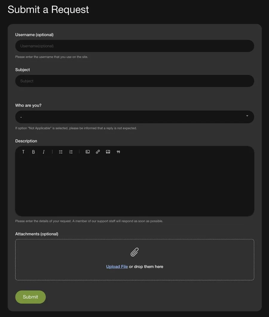 Stripchat support ticket submission form