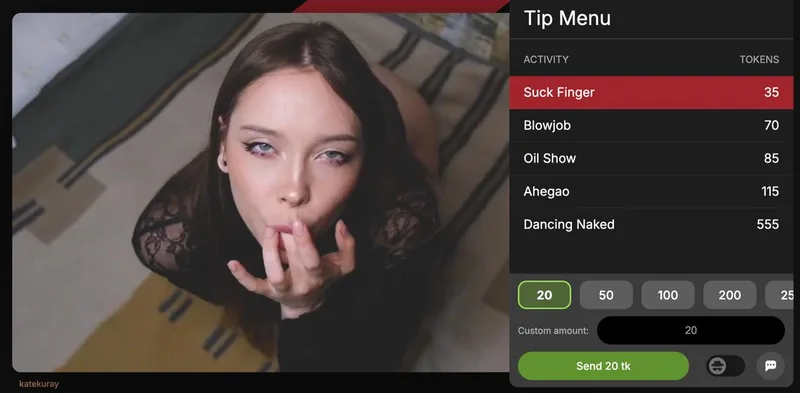 Stripchat tip menu showing actions and token prices set by the model