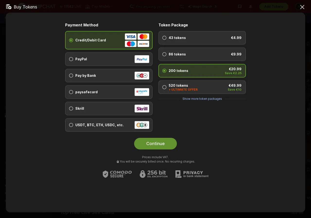 Stripchat token packages: 43 tokens €4.99, 89 tokens €9.99, 200 tokens €20.99, 520 tokens €49.99 with payment methods