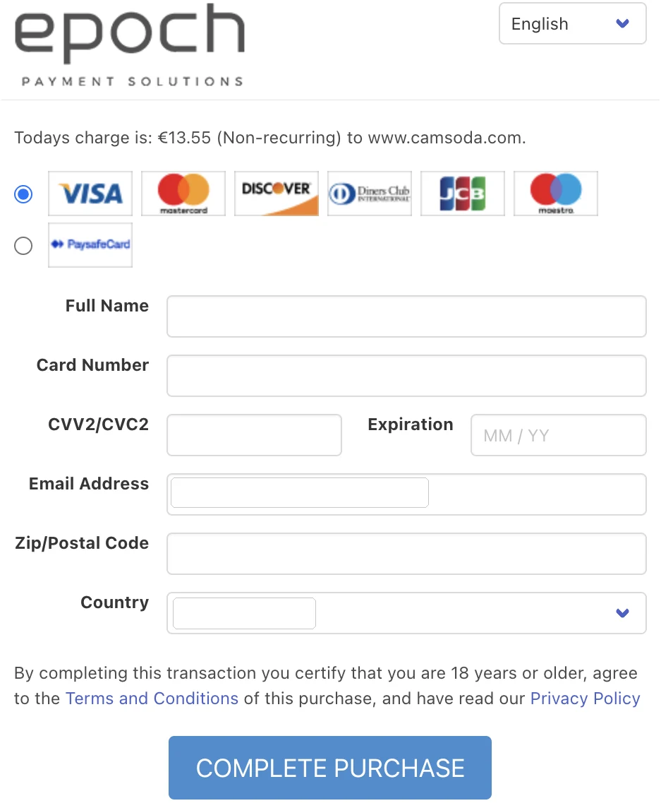 Epoch payment page for CamSoda charging 13.55 euros non-recurring for the 14.99 dollar intro pack, with Visa, Mastercard, Discover, Diners Club, JCB, Maestro and Paysafecard options