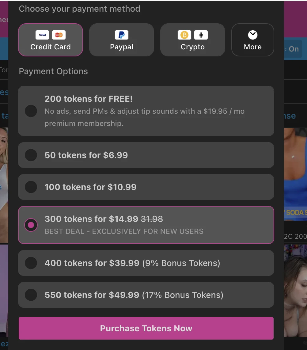 CamSoda Purchase Tokens window with the one-time 300 tokens for $14.99 new-user deal selected and crossed-out $31.98 price, card payment, regular packs from 50 for $6.99