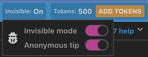 CamSoda header controls with premium enabled: Invisible mode and Anonymous tip toggles switched on, token balance of 500