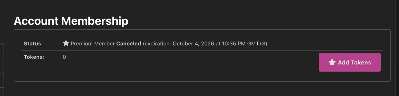 CamSoda account membership page showing Premium Member Canceled with an expiration date one month later