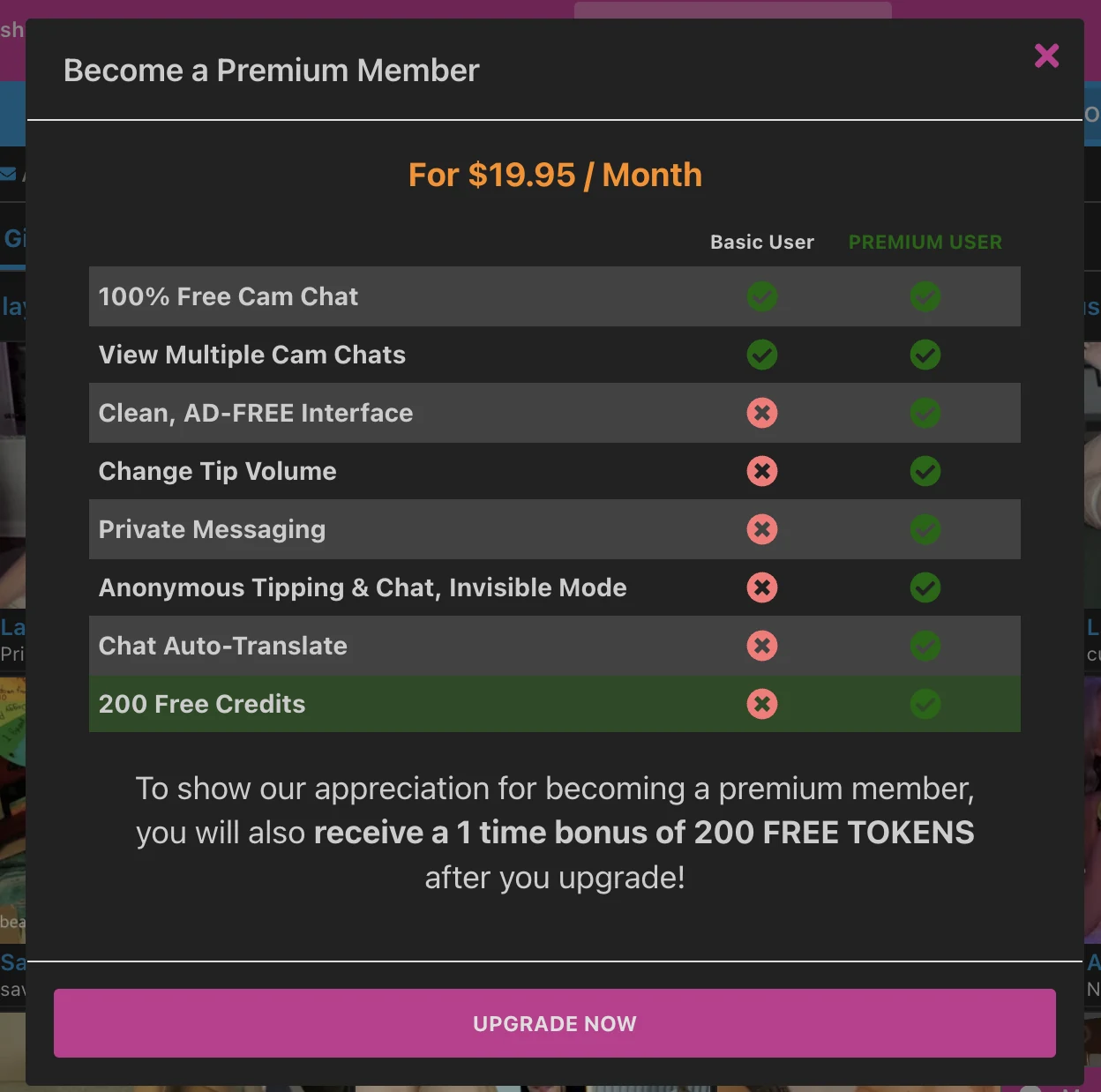 CamSoda premium membership window at 19.95 dollars per month comparing basic and premium users: ad-free interface, tip volume control, private messaging, anonymous tipping and invisible mode, chat auto-translate and 200 free tokens