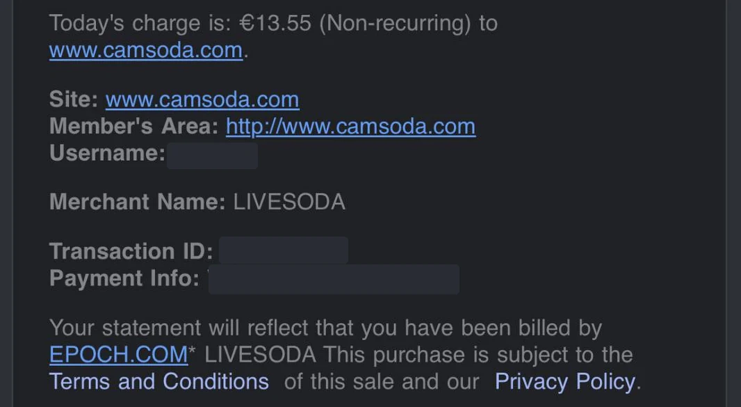 Epoch order confirmation email for CamSoda showing merchant name LIVESODA and a note that the statement will show billing by EPOCH.COM LIVESODA