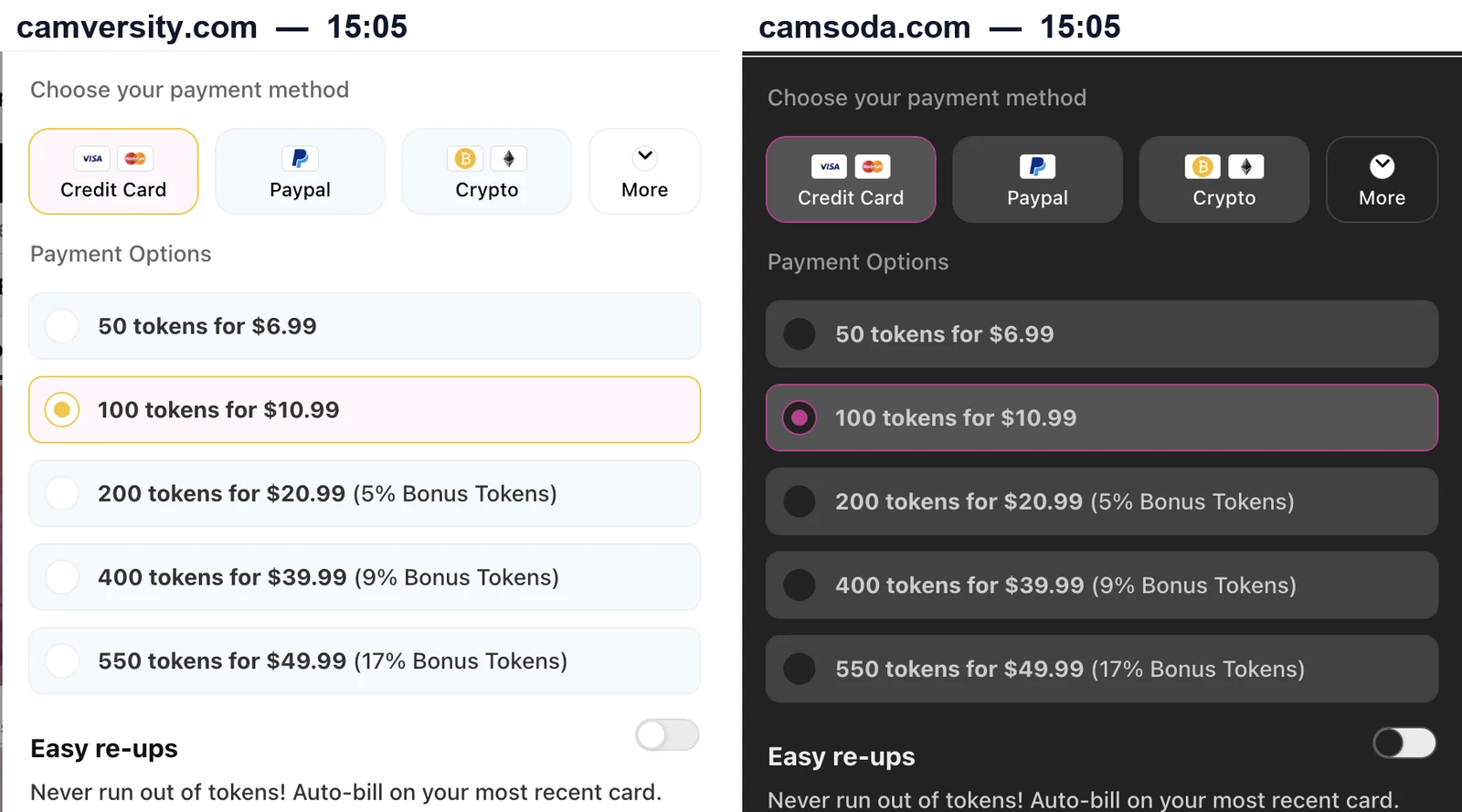 Add Tokens window on camversity.com beside the same window on camsoda.com on 29 September 2026: Credit Card, Paypal, Crypto and More; 50 tokens for $6.99, 100 for $10.99, 200 for $20.99 with 5% bonus tokens, 400 for $39.99 with 9%, 550 for $49.99 with 17%; the Easy re-ups switch off on both