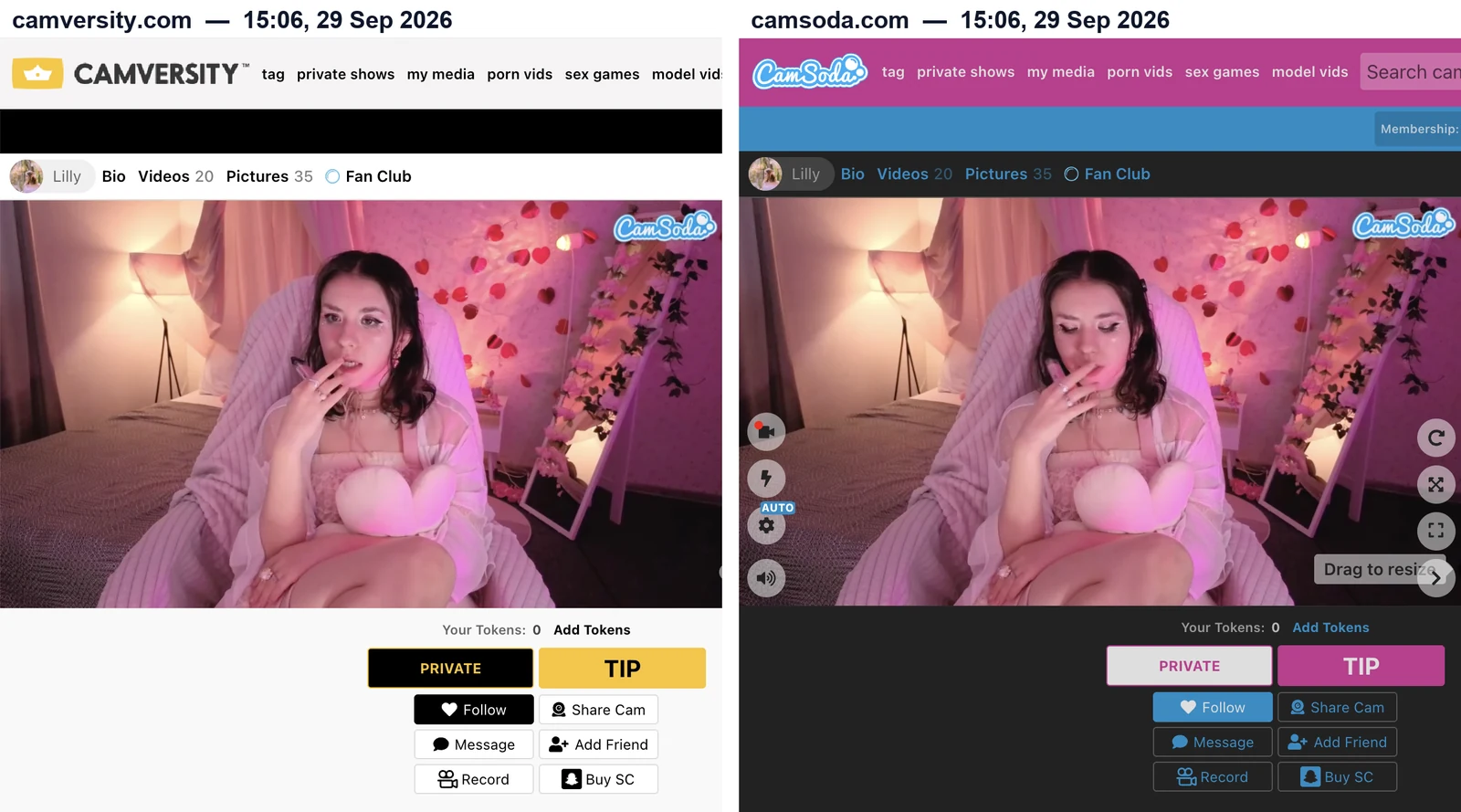 Lilly’s room open on camversity.com and camsoda.com side by side at 15:06 on 29 September 2026: same video with the CamSoda watermark, same Private and Tip buttons, same Follow, Message, Record and Buy SC controls, token balance 0 on both