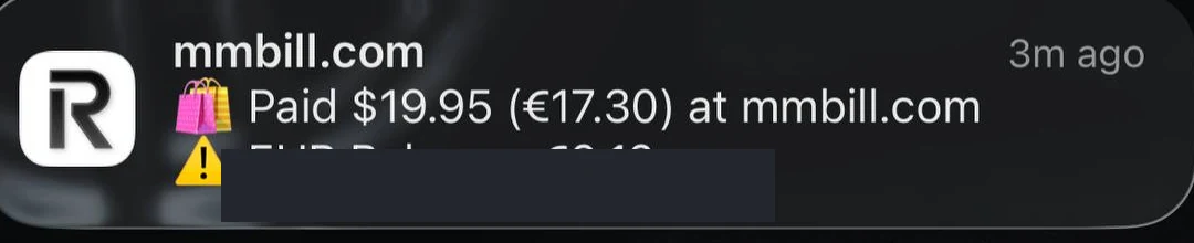 Banking app push notification showing a $19.95 charge billed as mmbill.com with no mention of Chaturbate