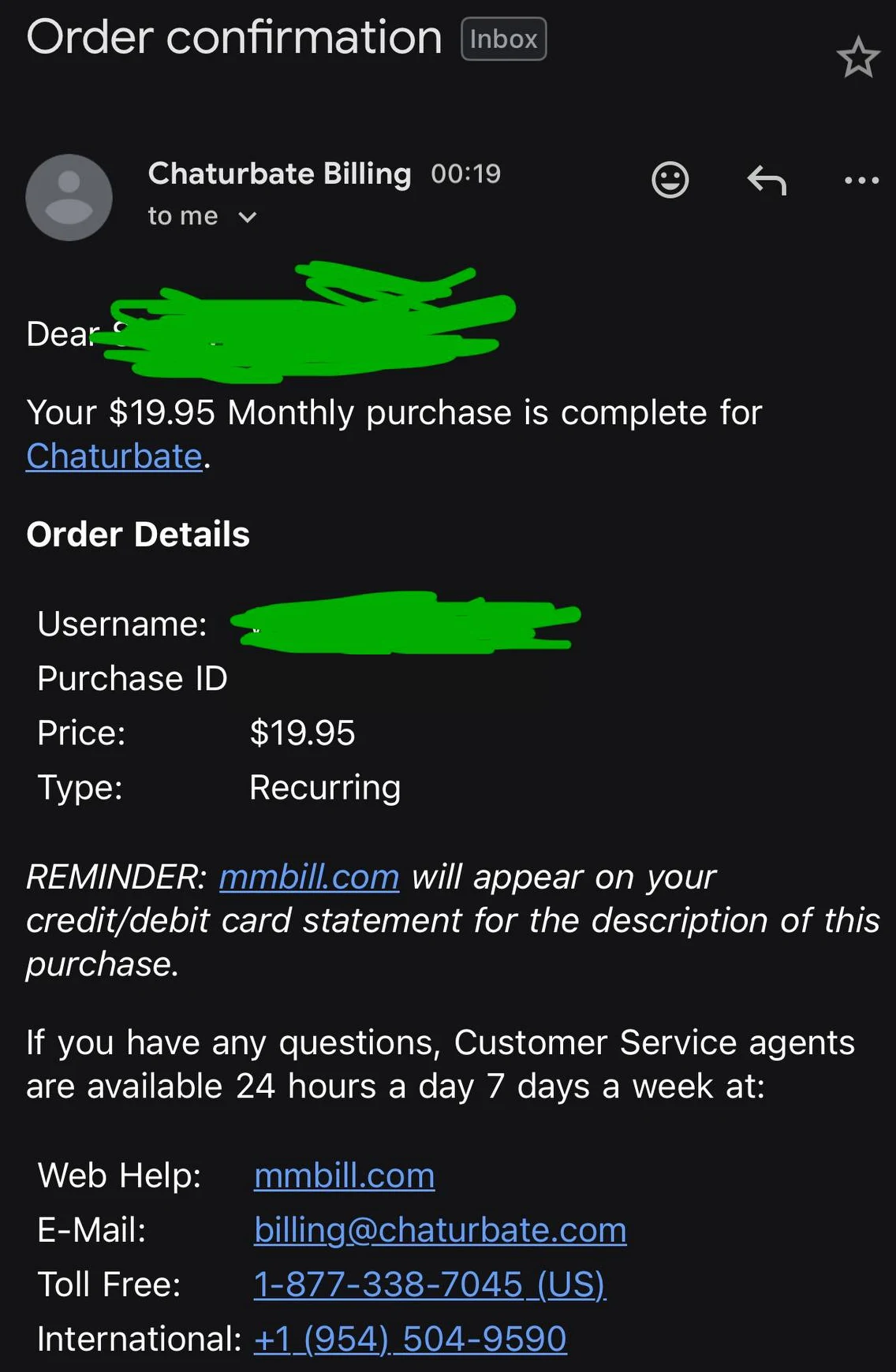 Order confirmation email from Chaturbate Billing for a $19.95 monthly recurring purchase, stating that mmbill.com will appear on the card statement