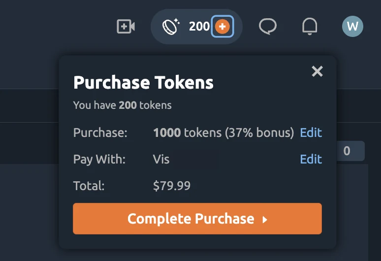 Chaturbate one-click purchase widget shown after the first purchase, with a preselected 1,000-token package and a stored Visa card