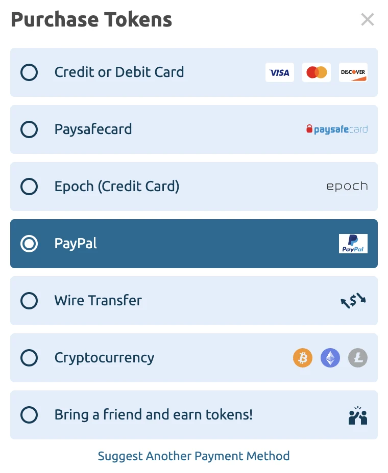 Chaturbate payment method list: credit or debit card (Visa, Mastercard, Discover), Paysafecard, Epoch, PayPal, wire transfer, cryptocurrency (Bitcoin, Ethereum, Litecoin) and a bring-a-friend token offer