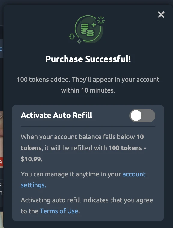 Chaturbate Purchase Successful dialog for 100 tokens with the Activate Auto Refill toggle switched off by default, offering a 100-token refill at $10.99 when the balance falls below 10 tokens