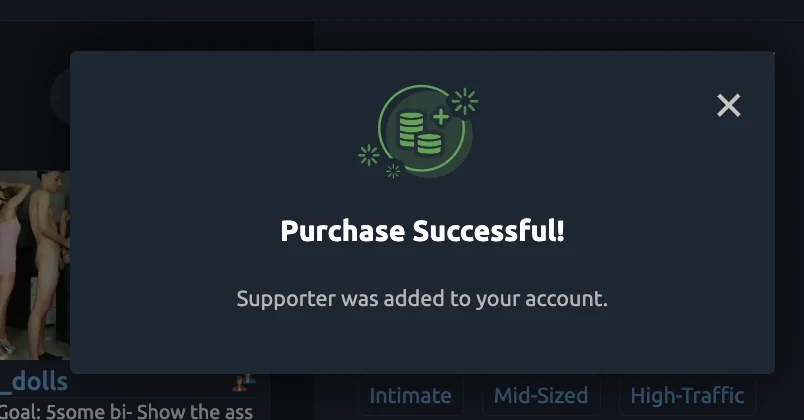 Chaturbate Purchase Successful dialog confirming Supporter was added to the account