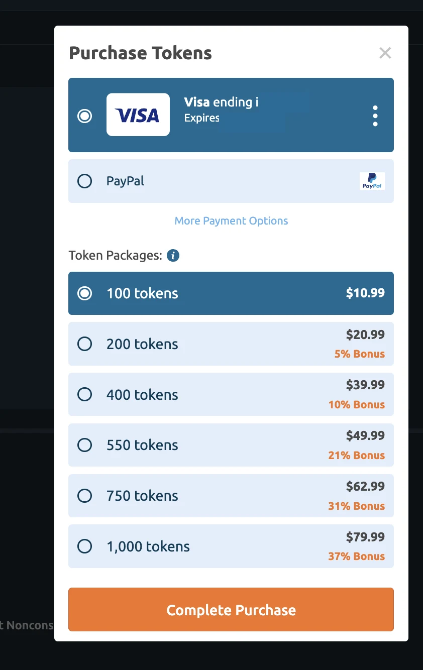 Chaturbate purchase window after the first purchase with the saved Visa card selected and six token packages from 100 to 1,000 tokens