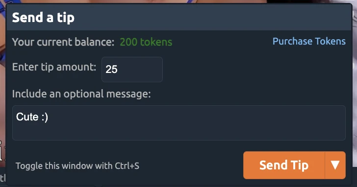 Chaturbate Send a tip window over a live room: current balance of 200 tokens, a 25-token amount entered and an optional message field