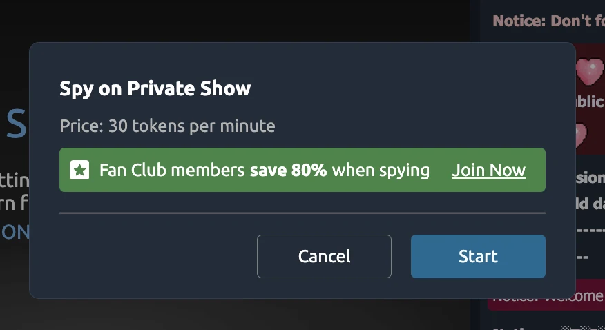 Chaturbate Spy on Private Show dialog quoting 30 tokens per minute, with a banner that Fan Club members save 80 percent when spying