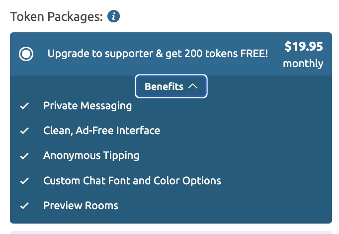 Chaturbate Supporter benefits panel listing private messaging, ad-free interface, anonymous tipping, custom chat font and color options, and preview rooms