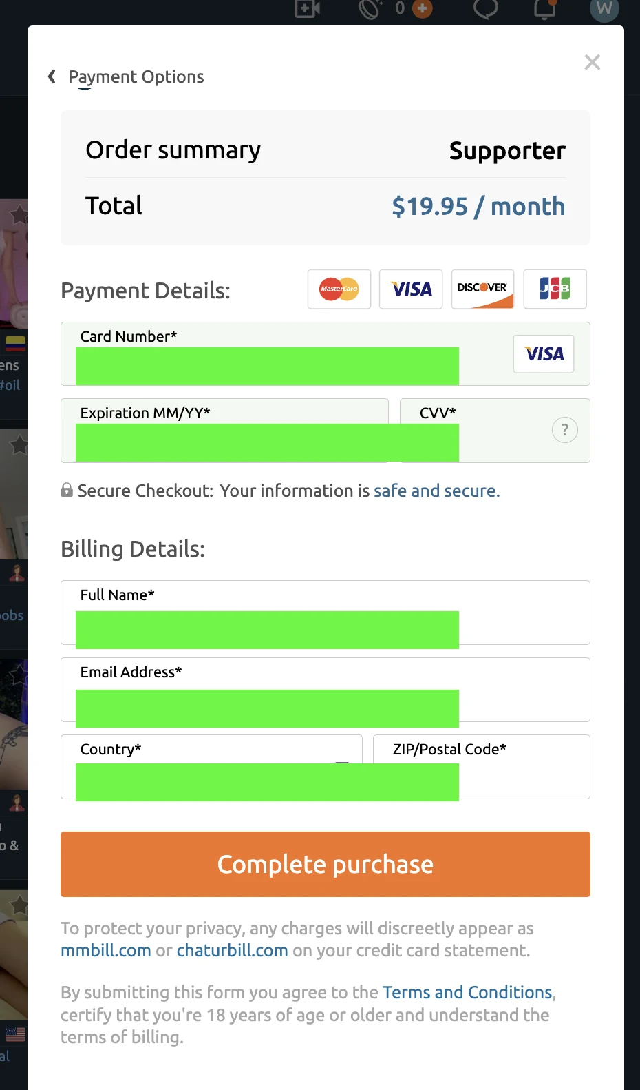 Chaturbate Supporter checkout for $19.95 per month accepting Visa, Mastercard, Discover and JCB, with the privacy note that charges appear as mmbill.com or chaturbill.com on the card statement