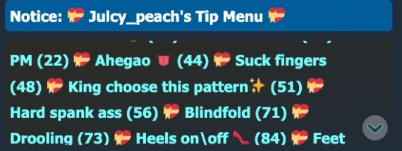 Chaturbate model's tip menu in chat listing per-action prices from 22 to 84 tokens