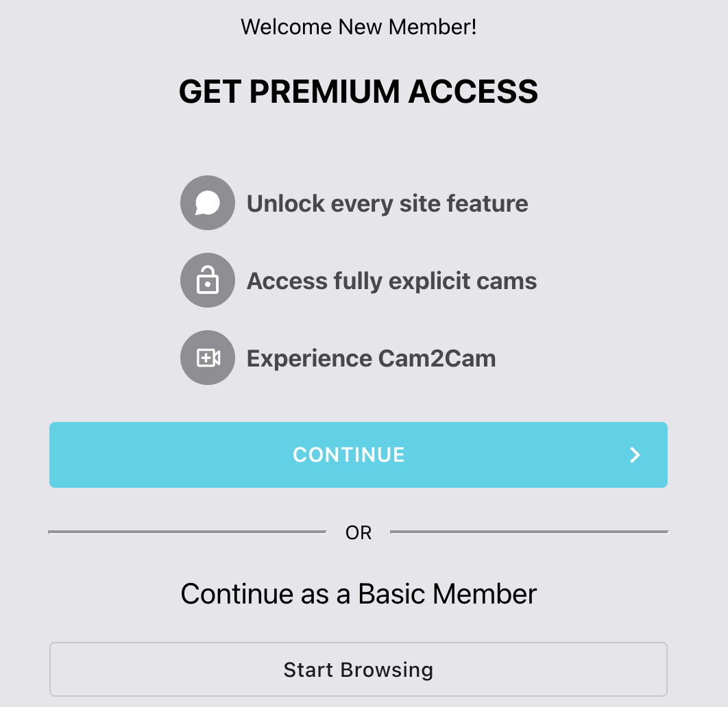 Jerkmate post-signup screen: Get Premium Access with a Continue button, and below it, Continue as a Basic Member with a Start Browsing button