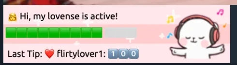 Pink Lovense active bar on a Chaturbate room with a progress strip and the last tip shown