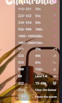 Lovense tip-level overlay on a Chaturbate stream mapping token amounts to vibration durations, including queue-control commands