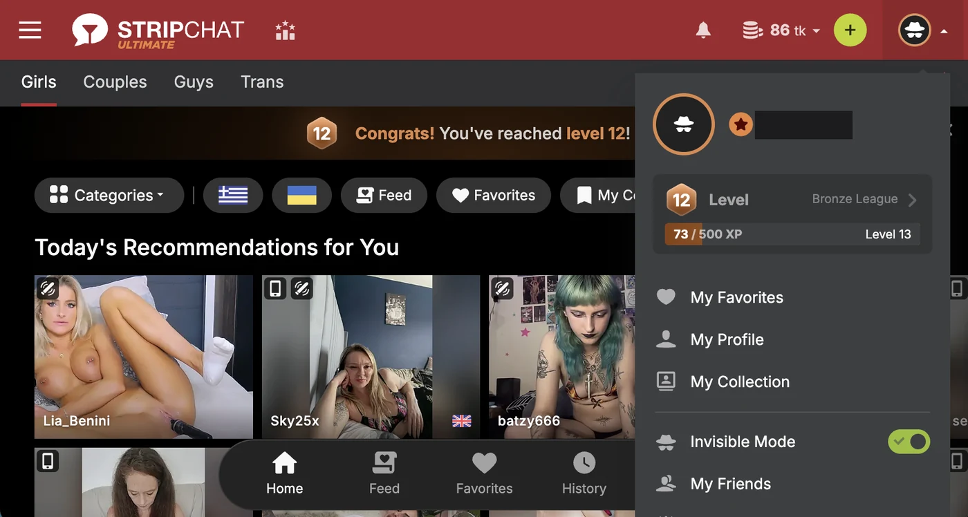 Stripchat account menu on our Ultimate account: a banner reading Congrats! You’ve reached level 12, the menu showing Level 12, Bronze League, 73 of 500 XP to Level 13, links My Favorites, My Profile and My Collection, and an Invisible Mode toggle switched on; username blacked out