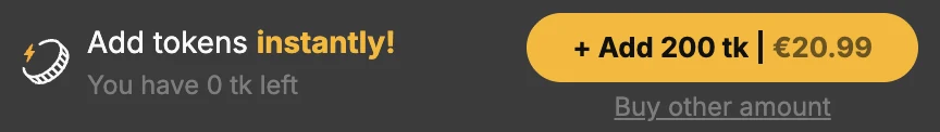 Stripchat bar reading Add tokens instantly! You have 0 tk left, with a button + Add 200 tk €20.99 and a Buy other amount link