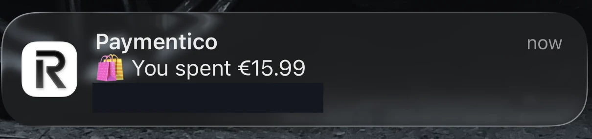 Bank app push notification for a Stripchat token purchase: merchant Paymentico, You spent €15.99, balance line blacked out