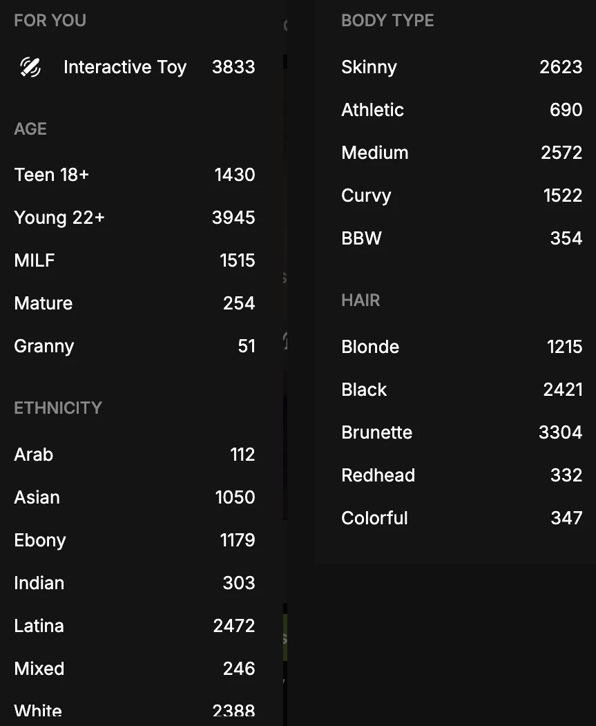 Two crops of Stripchat’s category panel with live room counts: Age (Teen 18+ 1430, Young 22+ 3945, MILF 1515, Mature 254, Granny 51), Ethnicity (Arab 112, Asian 1050, Ebony 1179, Indian 303, Latina 2472, Mixed 246, White 2388), Body Type (Skinny 2623, Athletic 690, Medium 2572, Curvy 1522, BBW 354) and Hair (Blonde 1215, Black 2421, Brunette 3304, Redhead 332, Colorful 347)