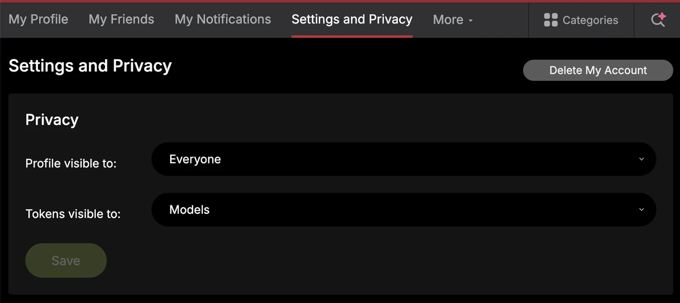 Stripchat Settings and Privacy page on a logged-in viewer account: a Delete My Account button in the top right corner, and below it the Privacy card with Profile visible to set to Everyone, Tokens visible to set to Models, and a Save button