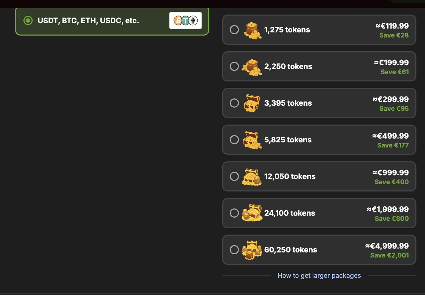 Stripchat “Show more token packages” list with crypto selected: 1,275 tokens ≈€119.99, 2,250 ≈€199.99, 3,395 ≈€299.99, 5,825 ≈€499.99, 12,050 ≈€999.99, 24,100 ≈€1,999.99 and 60,250 ≈€4,999.99, each with a Save label of up to €2,001