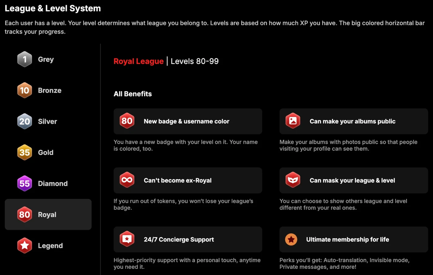 Stripchat’s League & Level System page with Royal League, levels 80 to 99, selected; the left column lists Grey 1, Bronze 10, Silver 20, Gold 35, Diamond 55, Royal 80 and Legend; the benefits grid shows New badge & username color, Can make your albums public, Can’t become ex-Royal, Can mask your league & level, 24/7 Concierge Support and Ultimate membership for life