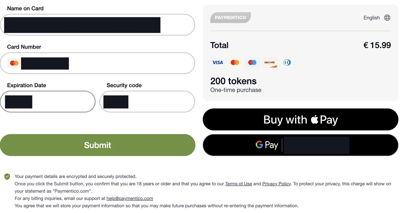Paymentico card form for a Stripchat purchase: total €15.99 for 200 tokens marked one-time purchase, Buy with Apple Pay and Google Pay buttons, and small print stating the charge will show on your statement as Paymentico.com; card details blacked out