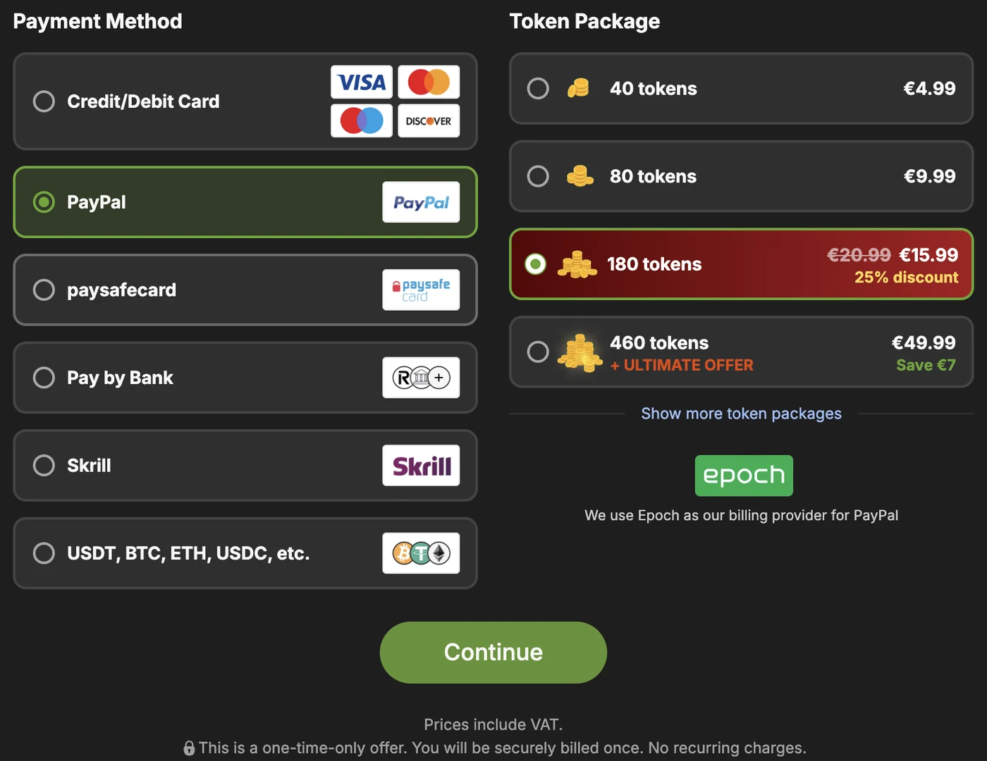Stripchat checkout with PayPal selected: 40 tokens €4.99, 80 tokens €9.99, 180 tokens €15.99 after a 25% discount, 460 tokens €49.99 with the Ultimate offer; a note names Epoch as the billing provider for PayPal and the footer reads prices include VAT, one-time-only offer, no recurring charges