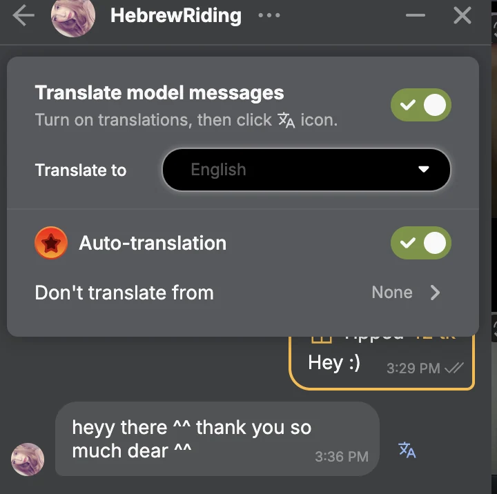 Stripchat private chat with a model, Translation Settings panel open: Translate model messages switched on with the note Turn on translations, then click the translate icon; Translate to English; an Auto-translation switch marked with the Ultimate badge, switched on; Don’t translate from: None; below, the model’s reply with a translate icon next to it
