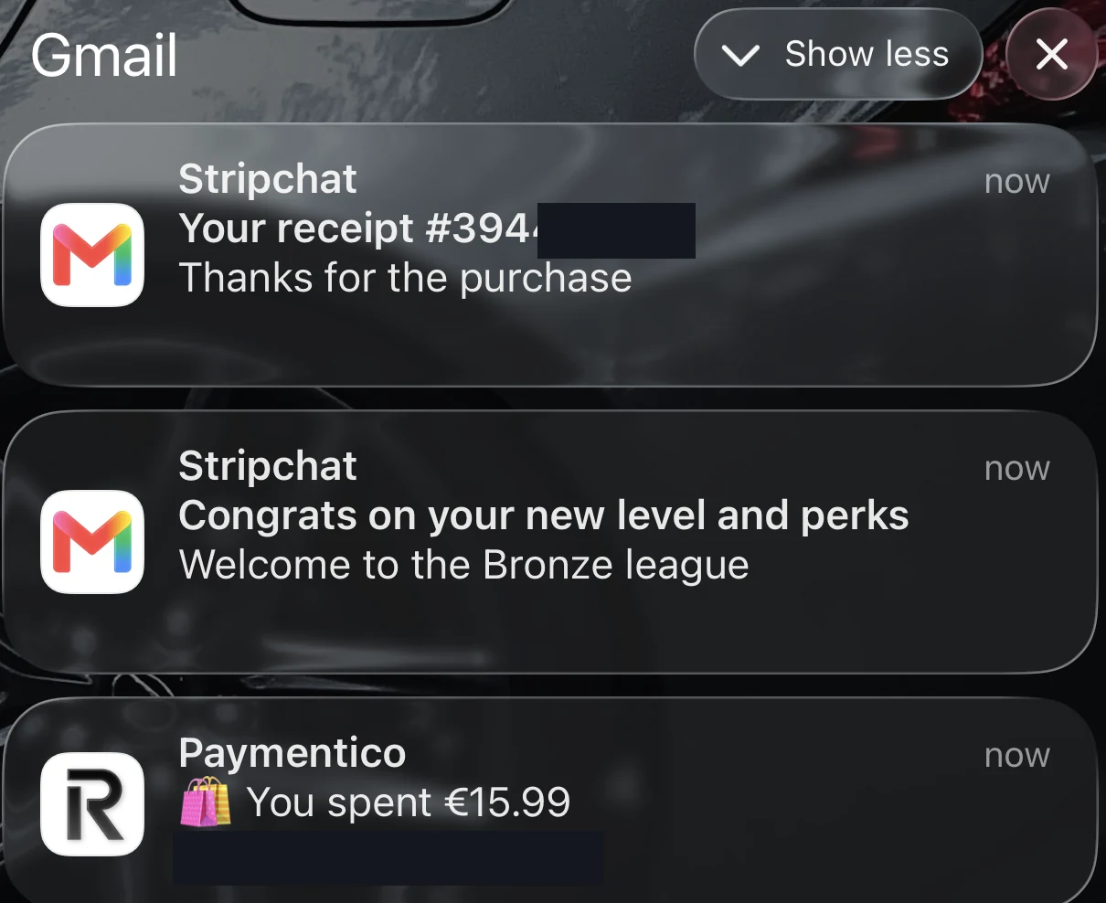 Phone notifications after a first Stripchat purchase: a Stripchat receipt email, a Stripchat email titled Congrats on your new level and perks, Welcome to the Bronze league, and the bank push from Paymentico for €15.99