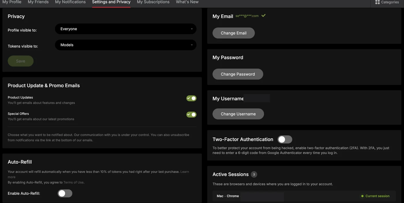 Stripchat’s Settings and Privacy page on our account: Privacy with Profile visible to Everyone and Tokens visible to Models; Product Update & Promo Emails with both toggles on; Auto-Refill described as refilling automatically when you have less than 10% of tokens you had after your last purchase, switch off; on the right My Email, My Password, My Username, a Two-Factor Authentication toggle switched off and an Active Sessions list; username and location blacked out