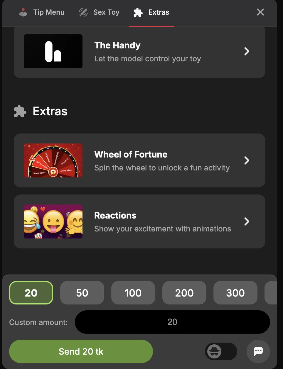 Stripchat tip panel with tabs Tip Menu, Sex Toy and Extras: The Handy, let the model control your toy; Wheel of Fortune; Reactions; tip presets 20, 50, 100, 200 and 300 tokens, a custom amount field, a Send 20 tk button and a mask-shaped incognito toggle at the bottom right