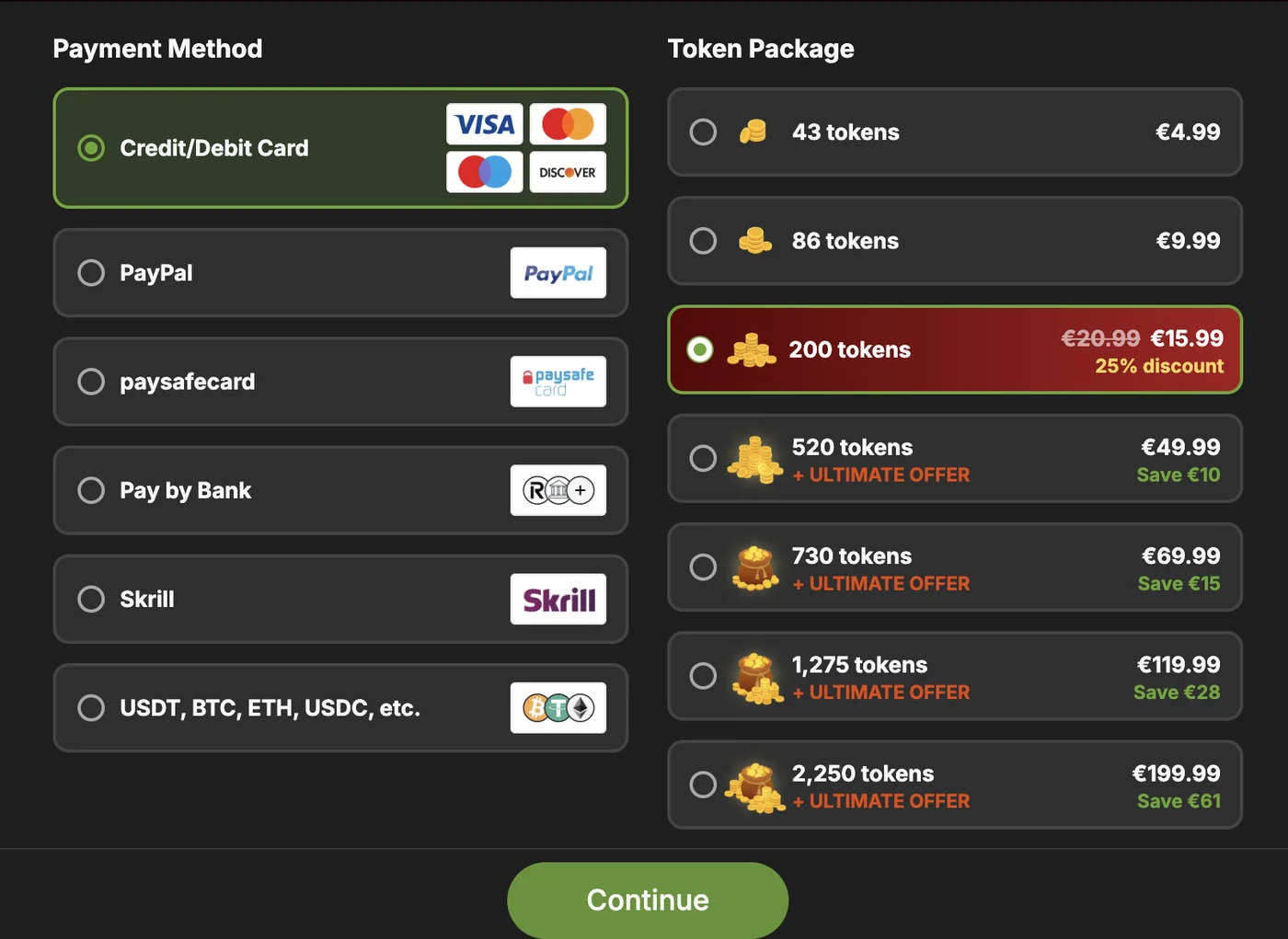 Stripchat checkout with Credit/Debit Card selected: 43 tokens €4.99, 86 tokens €9.99, 200 tokens €15.99 after a 25% discount, then 520, 730, 1,275 and 2,250 tokens (€49.99 to €199.99) each tagged “+ Ultimate offer”; payment methods listed are card, PayPal, paysafecard, Pay by Bank, Skrill and crypto