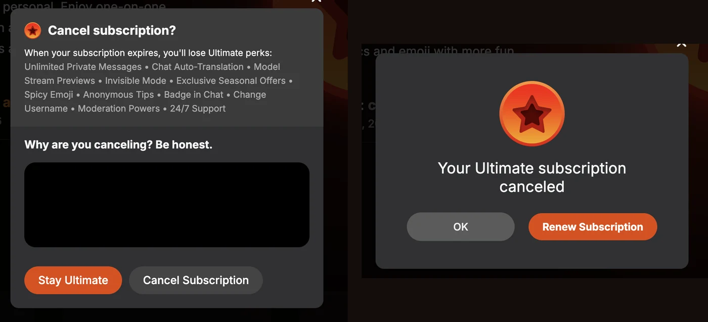 Two Stripchat dialogs side by side. Left, Cancel subscription?: When your subscription expires, you’ll lose Ultimate perks, a list of eleven perks, a box headed Why are you canceling? Be honest, and buttons Stay Ultimate and Cancel Subscription. Right: Your Ultimate subscription canceled, with OK and Renew Subscription buttons